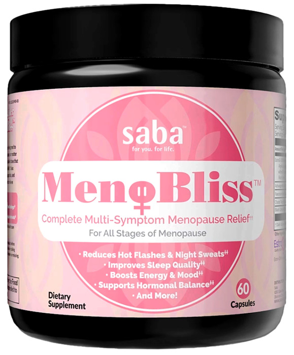 Saba MenoBliss – Complete Menopause Support. Saba MenoBliss supplement bottle for menopause relief.