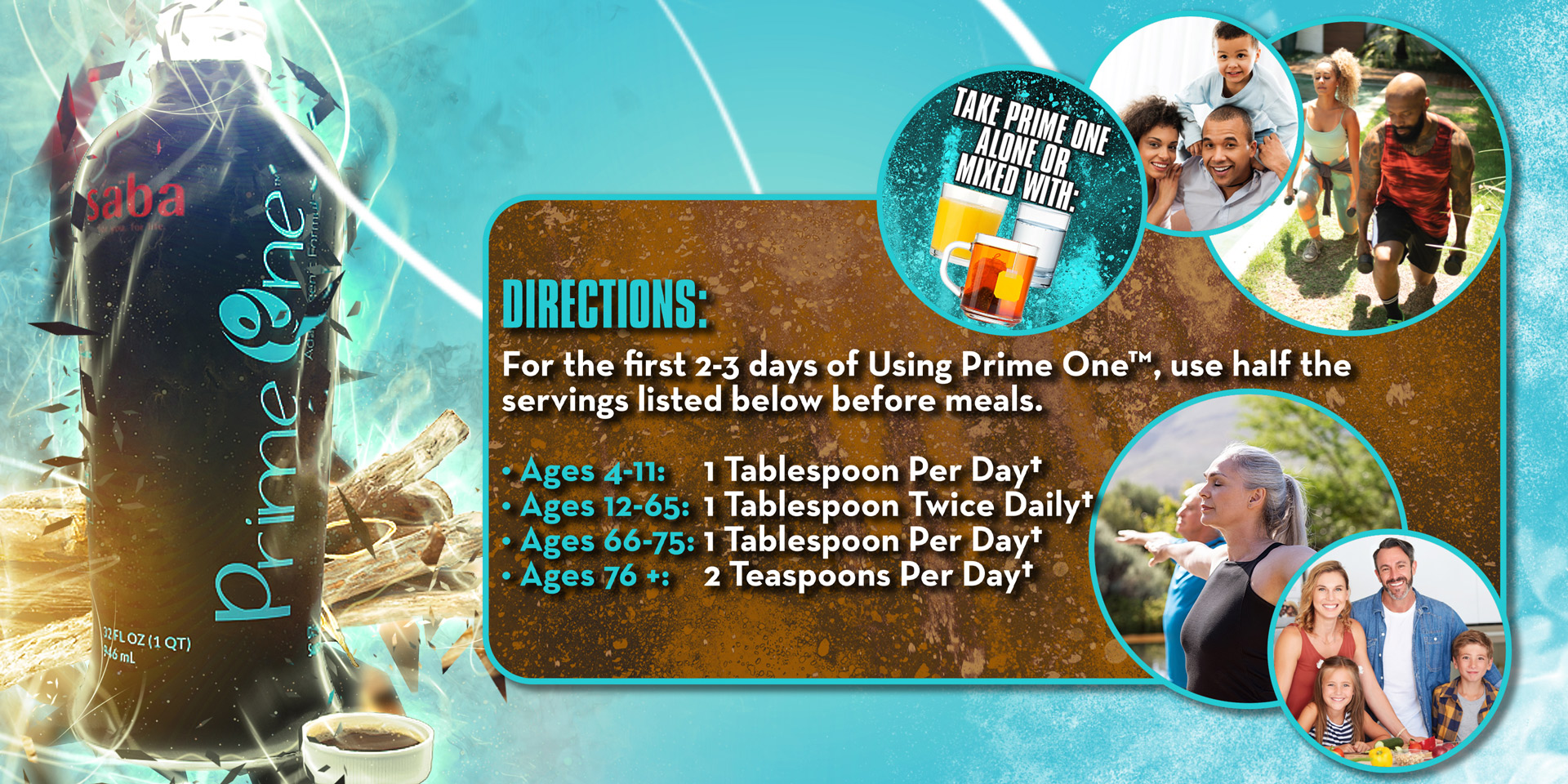 Saba Prime One Usage Directions Directions for using Saba Prime One supplement with dosage instructions by age group, alongside images of families and active individuals.